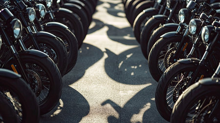 Perspective shot of motorcycles lined up diagonally, emphasizing symmetry and biker cultureの素材