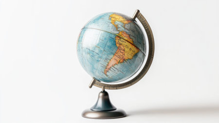 Small desk earth globe with metal stand, isolated on white background, perfect for travel or learning conceptsの素材