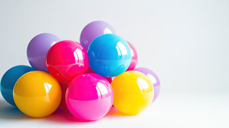 Stack of vibrant plastic balls in mixed shades, isolated on a white background with a clean and modern styleの素材