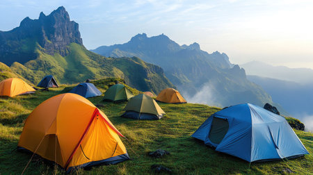 Vibrant tents pitched on grassy mountain terrain, overlooking misty valleys and rugged peaks in the backgroundの素材
