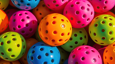 Assorted vibrant pickleball balls with small holes, stacked and scattered to create a fun sports-themed backgroundの素材