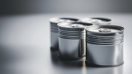 Silver metal cans isolated on white with dramatic lighting highlighting textures and curvesの素材