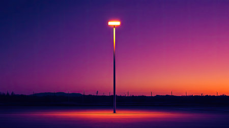 Minimalist view of a single LED street lamp illuminating the pavement under a purple and orange evening skyの素材