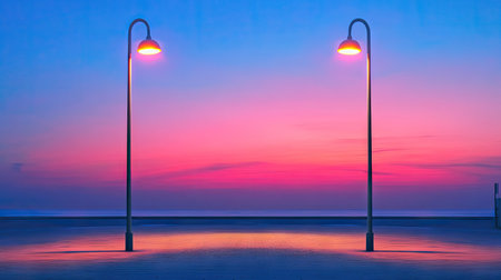 Symmetrical composition of two LED street lamps framing a colorful evening horizon, creating a serene urban sceneの素材