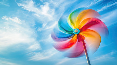 Vibrant pinwheel captured in motion with a dreamy blue sky and soft clouds in the background, evoking childhood nostalgiaの素材