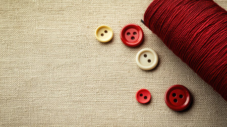 Skein of red thread with a needle inserted through it, placed next to scattered buttons on a beige backgroundの素材
