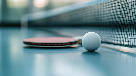 Paddle and ball placed near the corner of a ping-pong table, with net in soft focus behindの素材