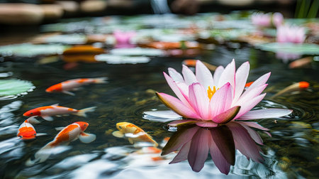 Beautiful lotus flower surrounded by fish swimming peacefully beneath the clear water in a quiet garden pond settingの素材