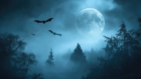 Eerie full moon over a misty forest, bats soaring in front of its glowing surface, perfect for a chilling Halloween sceneの素材
