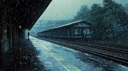 A rural train station platform under heavy rain, with a lone figure waiting for a train. The tracks are glistening wet, and rain is falling heavily.の素材