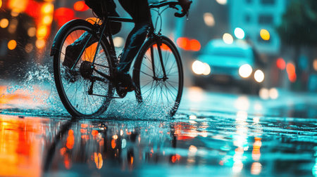 A bicyclist riding through a rain-soaked street, water spraying up from the tires. Reflections of street lights and buildings shimmer on the wet pavement.の素材