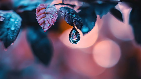 A close-up of a single raindrop hanging from a leaf, magnifying the texture and colors of the foliage. The background is softly blurred.の素材