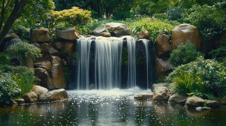 A serene scene of a waterfall in a tranquil Japanese garden, with smooth stones and carefully arranged plants framing the cascading water.の素材