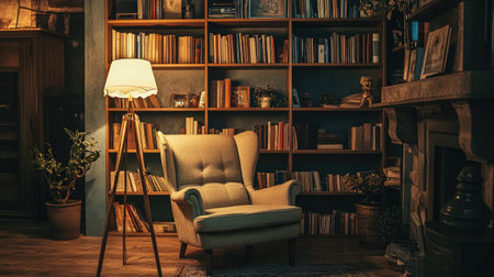 A cozy reading nook with a comfortable armchair, a stylish floor lamp, and shelves filled with books and decorative items.の素材