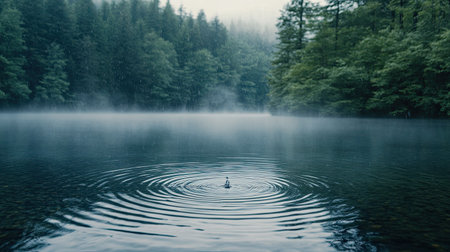 A close-up of raindrops hitting the surface of a calm lake, creating ripples that spread outward. Dense forest surrounds the lake, shrouded in mist.の素材