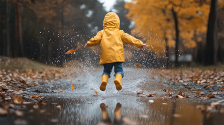 A child in a yellow raincoat and rubber boots jumping into a large puddle, creating a splash. The ground is covered in fallen autumn leaves.の素材