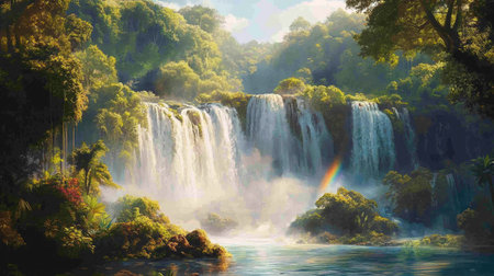 A panoramic view of a multi-tiered waterfall in a tropical rainforest, with vibrant foliage and a misty spray creating a rainbow effect.の素材