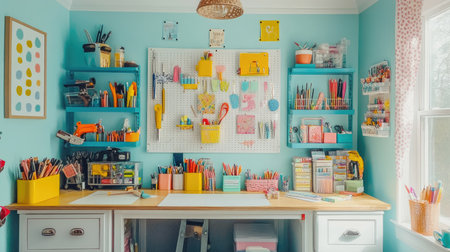 A charming craft room with colorful supplies neatly organized, a pegboard for tools, and inspirational artwork on the walls.の素材
