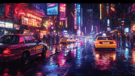 A nighttime cityscape with rain-soaked streets, colorful reflections from neon signs, and cars driving through puddles, creating splashes.の素材