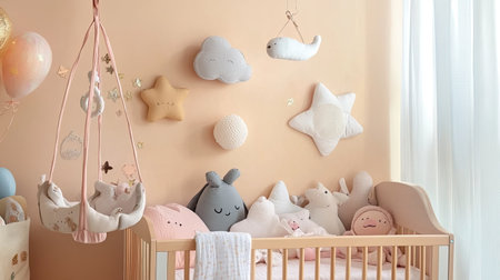 A beautifully decorated baby nursery with pastel-colored walls, a crib with a mobile, and a collection of soft toys and wall art.の素材