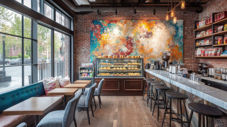 A chic cafÃÂ© interior with cozy seating, artistic wall decor, and a stylish display of pastries and coffee drinks on the counter.の素材