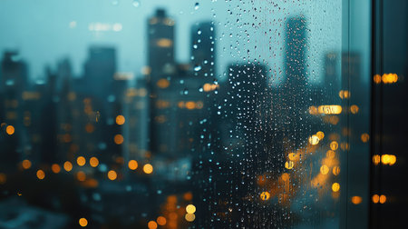 A close-up of raindrops falling on a windowpane, with a blurred city skyline in the background. Soft focus on the droplets as they trickle down the glass.の素材