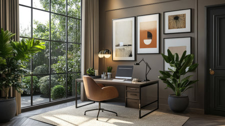 A sophisticated office workspace with modern decor elements like a stylish desk lamp, potted plants, and framed art on the walls.の素材