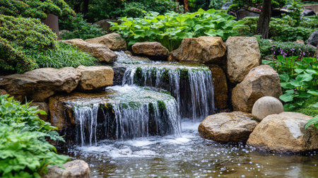 A serene scene of a waterfall in a tranquil Japanese garden, with smooth stones and carefully arranged plants framing the cascading water.の素材