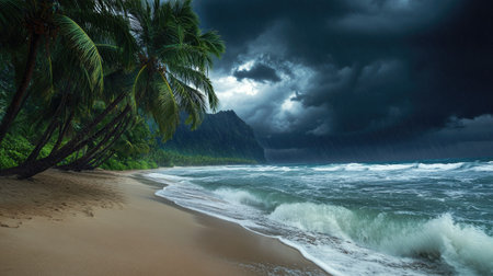 A tropical beach during a rainstorm, with waves crashing against the shore and dark storm clouds looming overhead. Palm trees bend with the wind.の素材