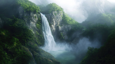 A majestic waterfall cascading down a rugged cliff into a crystal-clear pool below, surrounded by lush green forest and mist.の素材