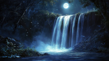 A nighttime view of a waterfall illuminated by moonlight, with the water shimmering and creating a peaceful, mystical ambiance.の素材