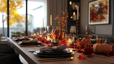 A modern dining table set for a festive dinner with elegant place settings, candles, and seasonal centerpieces like pumpkins and autumn leaves.の素材