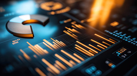 A close-up of a financial chart with pie segments and bar graphs illustrating various investment sectors and their performance.の素材