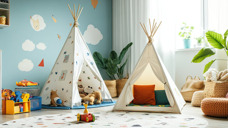 A colorful children's playroom with playful decorations, including wall decals, a teepee tent, and a variety of toys neatly arranged.の素材