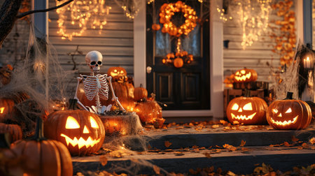 A festive Halloween scene with a porch decorated with jack-o-lanterns, cobwebs, and spooky skeletons, ready for trick-or-treaters.の素材