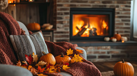 A cozy fireplace area decorated for fall with autumn leaves, small pumpkins, and a warm throw blanket draped over the sofa.の素材