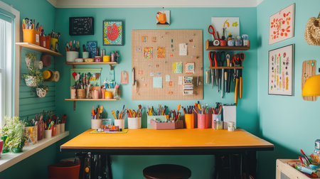 A charming craft room with colorful supplies neatly organized, a pegboard for tools, and inspirational artwork on the walls.の素材
