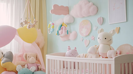 A beautifully decorated baby nursery with pastel-colored walls, a crib with a mobile, and a collection of soft toys and wall art.の素材