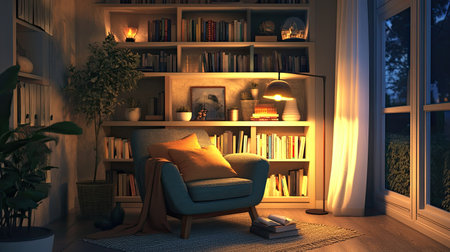 A cozy reading nook with a comfortable armchair, a stylish floor lamp, and shelves filled with books and decorative items.の素材