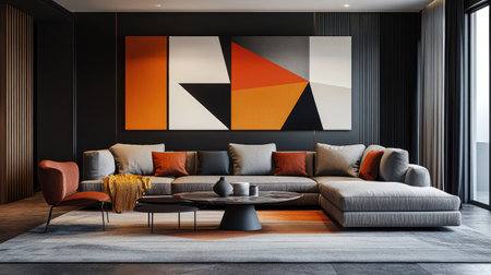 A contemporary living room featuring geometric wall art, sleek furniture, and a stylish rug with a color-coordinated throw blanket.の素材