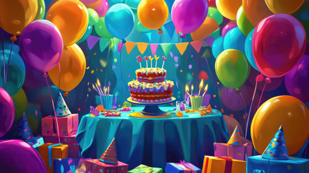 A vibrant birthday party scene with colorful balloons, streamers, and a decorated cake on a table surrounded by party hats and gifts.の素材