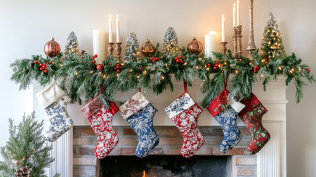 A charming holiday mantel decorated with garlands, stockings, and a collection of festive ornaments and candles.の素材