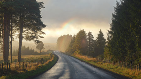 A serene countryside road, lined with tall trees, under a light drizzle. A rainbow faintly visible in the background as sunlight breaks through the clouds.の素材