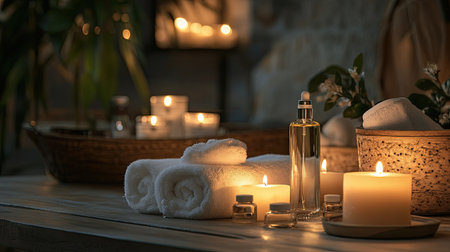 A luxurious spa setting with candles, essential oils, and plush towels arranged for a relaxing atmosphere.の素材