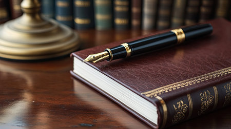 A close-up of an elegant leather notebook with a gold-embossed cover, paired with a luxurious fountain pen and a desk lamp.の素材