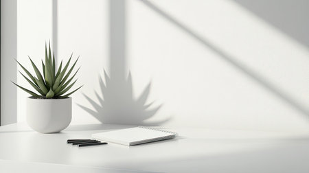 A minimalist desk with a clean white surface, featuring a single notebook, a set of pens, and a small potted plant for decoration.の素材