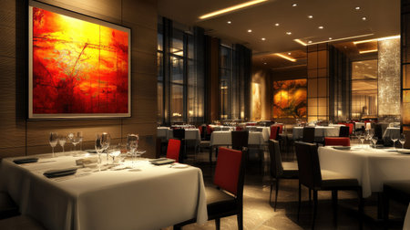 A contemporary restaurant with stylish decor, including modern artwork, elegant table settings, and ambient lighting creating a sophisticated atmosphere.の素材