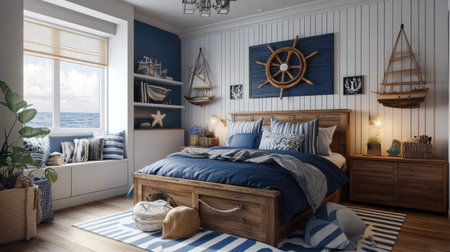 A nautical-themed bedroom with ocean-inspired decor, including a captainwheel, nautical stripes, and beach-themed artwork.の素材