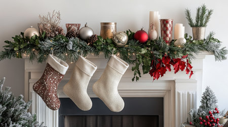A charming holiday mantel decorated with garlands, stockings, and a collection of festive ornaments and candles.の素材