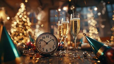 A festive New Years Eve party scene with sparkling decorations, a countdown clock, and a table set with champagne glasses and party hats.の素材